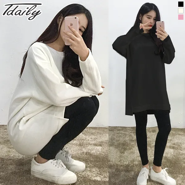 티데일리 언발 롱박스 맨투맨 여성용 원피스 긴팔 롱티 티셔츠