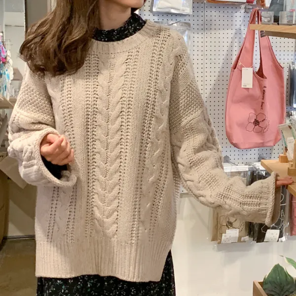 아모르데이 램케이블라운드 자체제작 꽈배기 루즈핏 베이직 울 니트