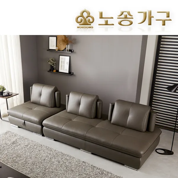 노송가구 도하 4인용 침대형 천연면피가죽 소파, 초코