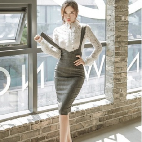 나라라오리 럭셔리여성 오피스룩 투피스세트 블라우스+멜빵스커트