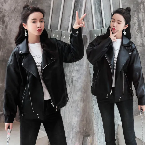씨엔에이치 여자 여성 봄 가을 루즈핏 카라 라이더 가죽자켓