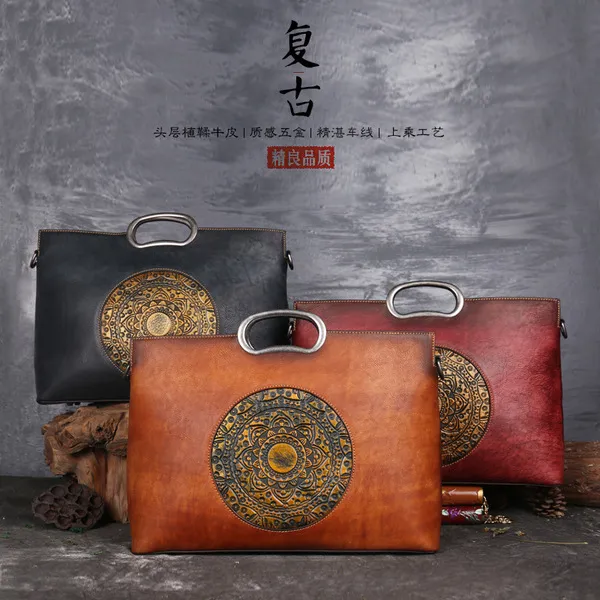 해외직구 여성 복고풍 수제 가방 토템 가죽 핸드백