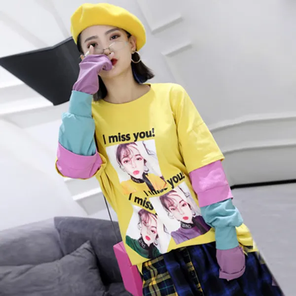 블랙펄 여자 컬러감 데일리 컬러 브로킹 소매 멋진 티셔츠 Szz910