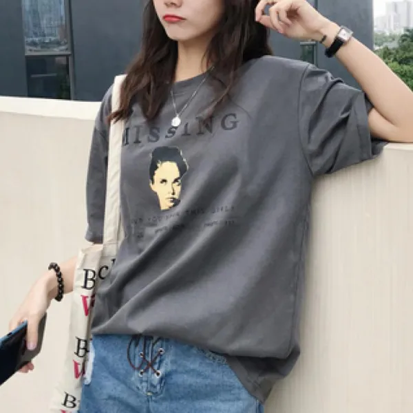 여름 여성 데일리룩 심플 반팔 프린팅 티셔츠 Gjl32e