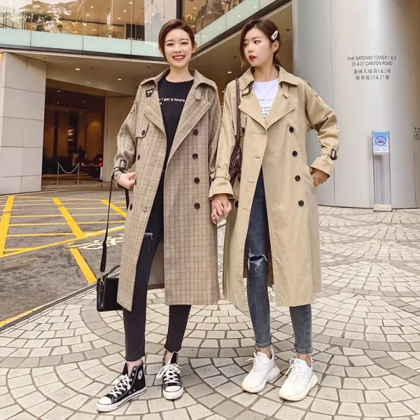 씨엔에이치 봄 가을 여자 여성 체크 롱 루즈핏 바바리 트렌치코트