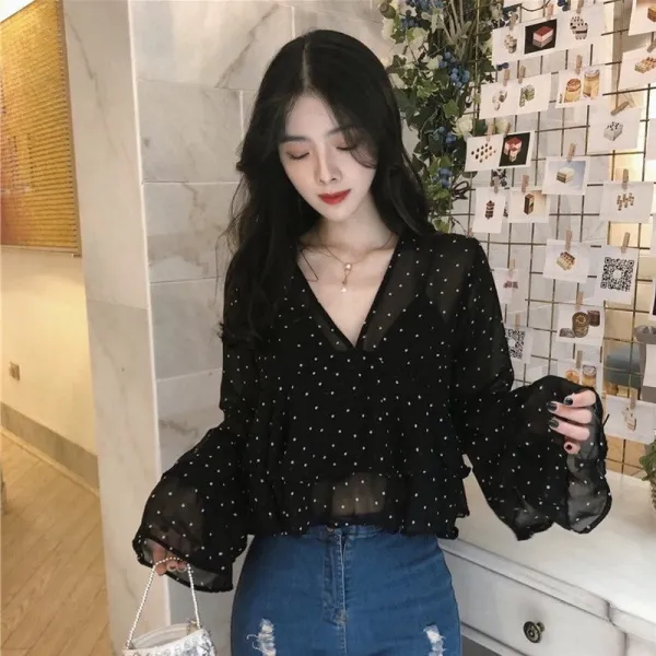 도깨비몰 여자 봄 프릴 슬림 시스루 루즈핏 섹시 블라우스 데일리룩 홈쇼핑 567703006865