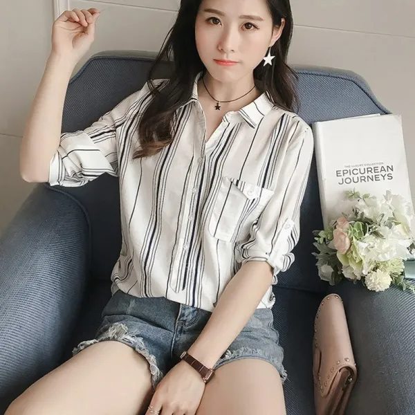 도깨비몰 여자 스트라이프 셔츠 심플 7부 와이드 쉬폰 블라우스 데일리룩 홈쇼핑 547991181369