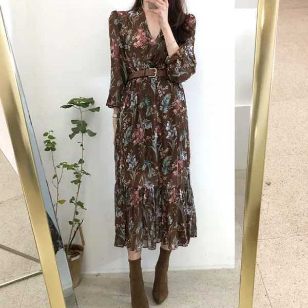블랑봉봉 여자 봄 가을 플로럴 쉬폰 롱 원피스 i708w
