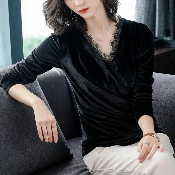 도깨비몰 여성 봄가을 섹시 벨벳 레이스 브이넥 티셔츠 2컬러 이너티 클럽룩 580924947120
