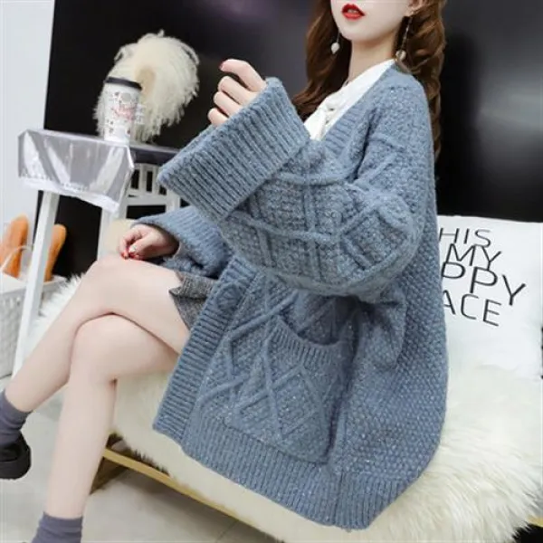 여성 가디건 롱가디건 나그랑 니트 카디건 봄옷 2019 루즈핏 콤비 니트 코트 000038337