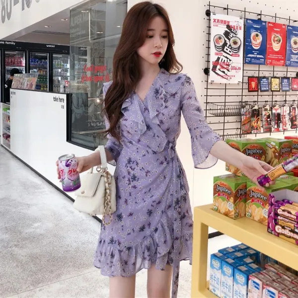 도깨비몰 여성 브이넥 프릴 랩 슬림 봄꽃 미니 쉬폰 원피스 여친룩 데이트룩 걸스데일리 572671960847