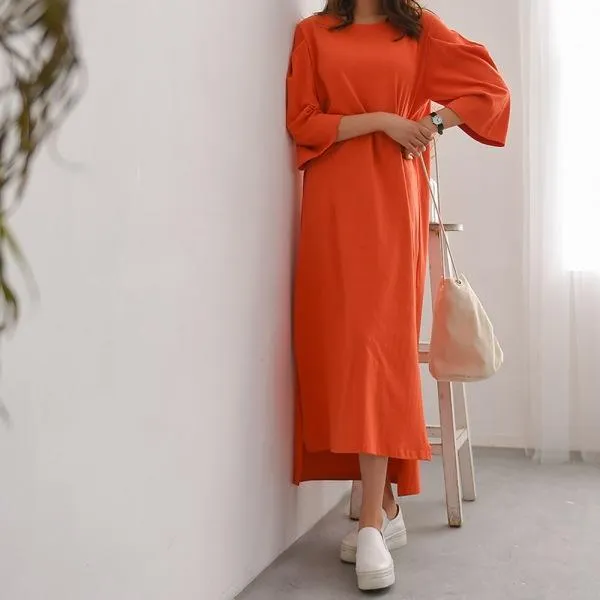 Lovely 퍼프소매원피스 롱원피스 옆트임원피스 코튼 러블리룩 옆트임원피스 롱원피스 간절기원피스 라운드넥원피스 퍼프소매원피스 데일리룩 7부소매원