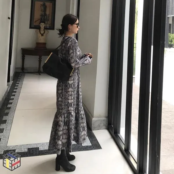 원피스 쉬폰 겨울 내 스몰 달력 Wxlstudio 라운드 넥 긴팔 드레스