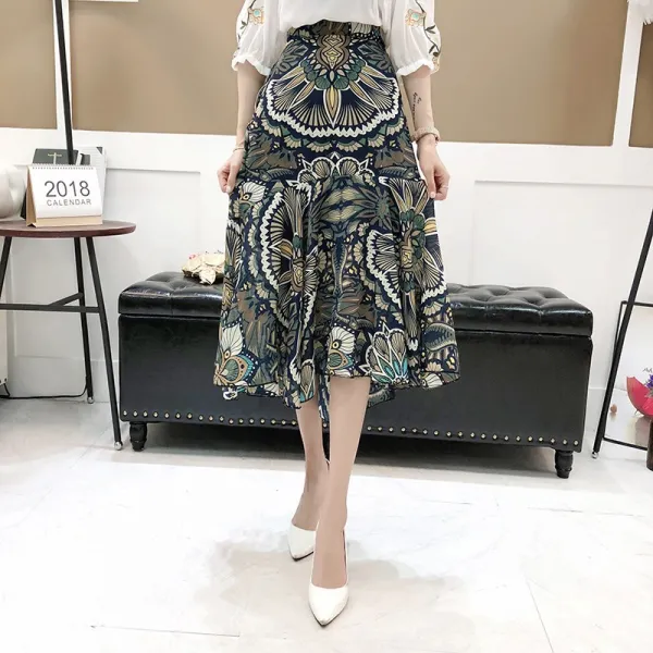 브엘세바 여성 봄 샬랄라 치마 스커트 꽃 프린트 쉬폰 에스닉 JZ451 569522260290