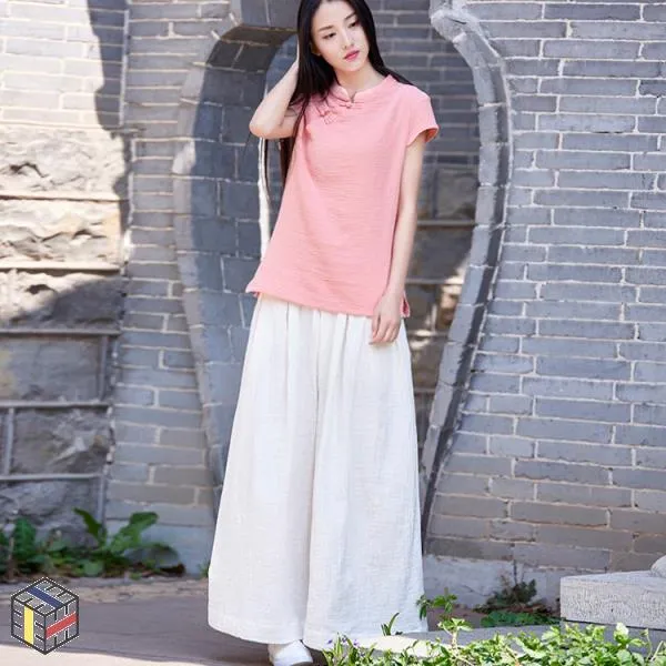 롱와이드팬츠 봄과가을 여성 넓은 다리가 바지 차 옷 젠 티 명상 긴 치