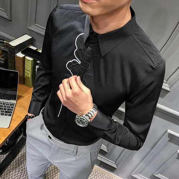 원픽 남성 선 자수무늬 슬림 셔츠