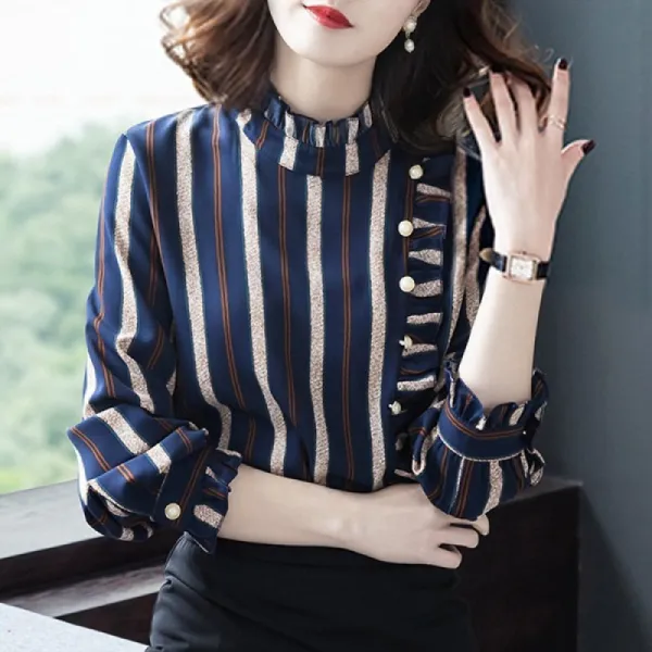 도깨비몰 여자 봄신상 상의 빅사이즈 스트라이프 프릴 블라우스 이쁜 데일리룩lrq 586564649220