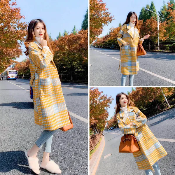 원픽 여성 모직 체크무늬 두꺼운 코트