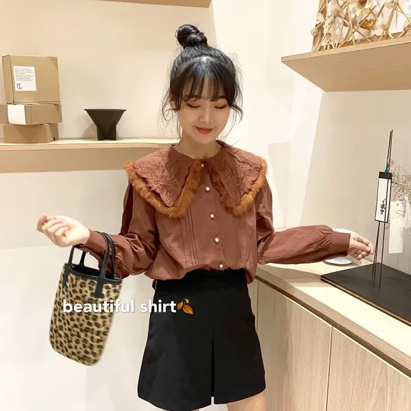 원픽 2019년 봄신상 자수 로터스 모피 칼라 셔츠 블라우스