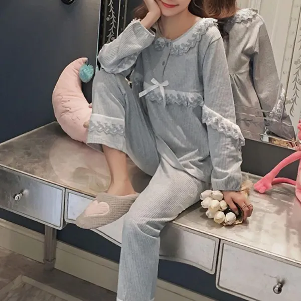 kirahosi 2019 여성 봄가을 긴팔 면 잠옷 상하의 세트 이지웨어 홈웨어 8 AGnxfh1+덧신 증정