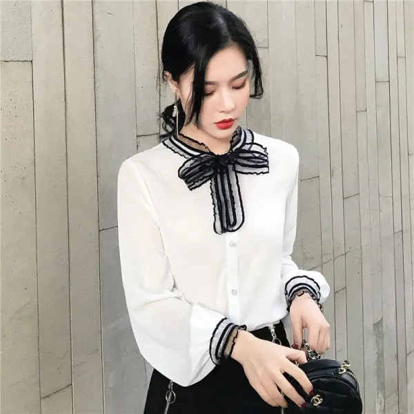 여자 리본 블라우스 심플 모던 쉬폰 베이직 캐주얼 룩 럭셔리 명품스타일 587414261617