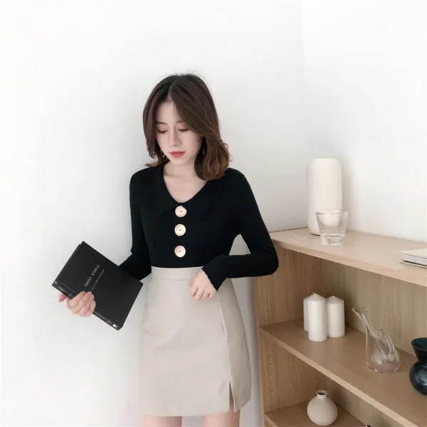 패션이루 슬림핏 골지 니트 카라 캐주얼 봄 가을 여성 티셔츠