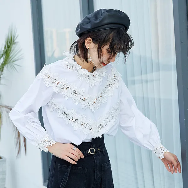 원픽 2019년 봄신상 레이스 라운드넥 데일리 셔츠