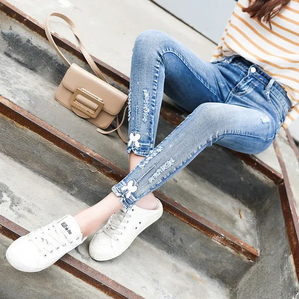 원픽 2019년 봄신상 여성 나비포인트 큐티 칠부청바지