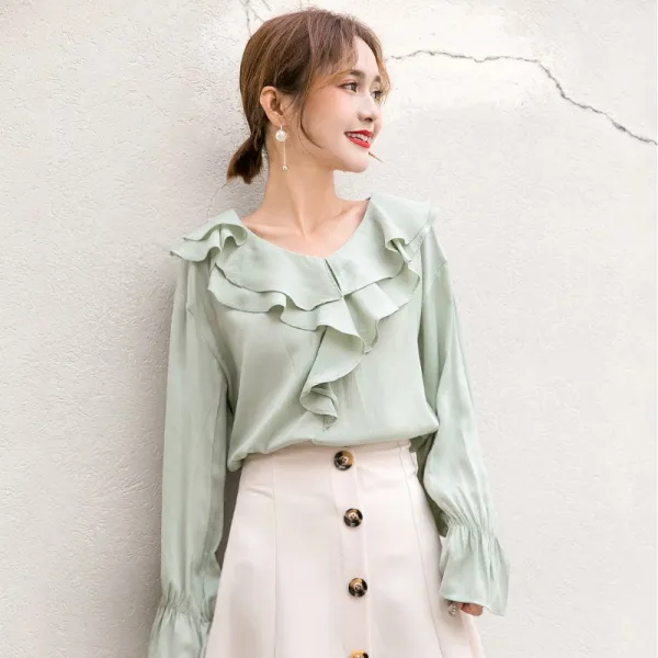 쟈스민 보우트넥 로맨틱 프릴 블라우스 여성 긴소매 쉬폰 S0030