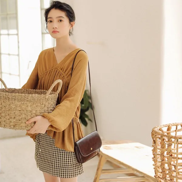 쟈스민 심플 브이넥 셔링 프릴 블라우스 여성 긴소매 쉬폰 S0035