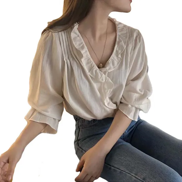 쟈스민 깔끔 화이트 로맨틱 프릴 블라우스 여성 긴소매 S0020