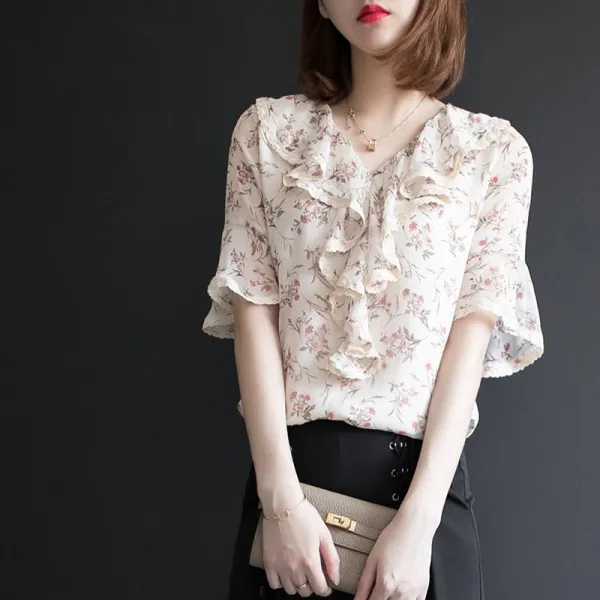 샵솔베이지 러블리 여름 반팔 미시 케쥬얼 정장 프릴 셔링 쉬폰 플라워 블라우스 M 3xl 