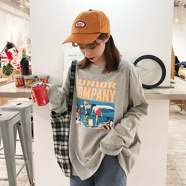 원픽 2019년 봄신상 긴팔 루즈핏 라운드 면티셔츠