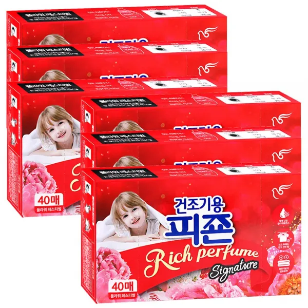 피죤 건조기용 시트 섬유유연제 본품 플라워페스티벌 40p, 6개