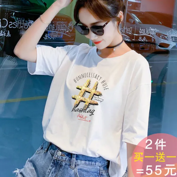 기본 라운드 반팔티 여자 704 반팔티셔츠여성흰색2019새편지느슨한둥근목검은반팔