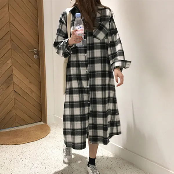 모노그린 캐주얼 체크 루즈핏 셔츠형 롱 원피스 TOMANY230
