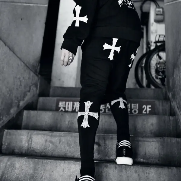 바이더알 유니크 다크 블랙 고딕 십자가 프린팅 남자 레깅스 Black Cross