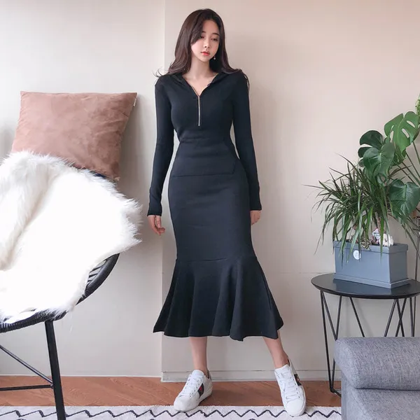 스마트셀러 놀멍직구 여성 슬림핏 머메이드 풀오버 후드원피스