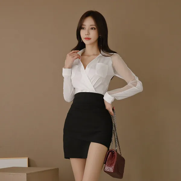 스마트셀러 놀멍직구 여성 봄신상 올망사 셔츠+슬림핏 힙 스커트 세트