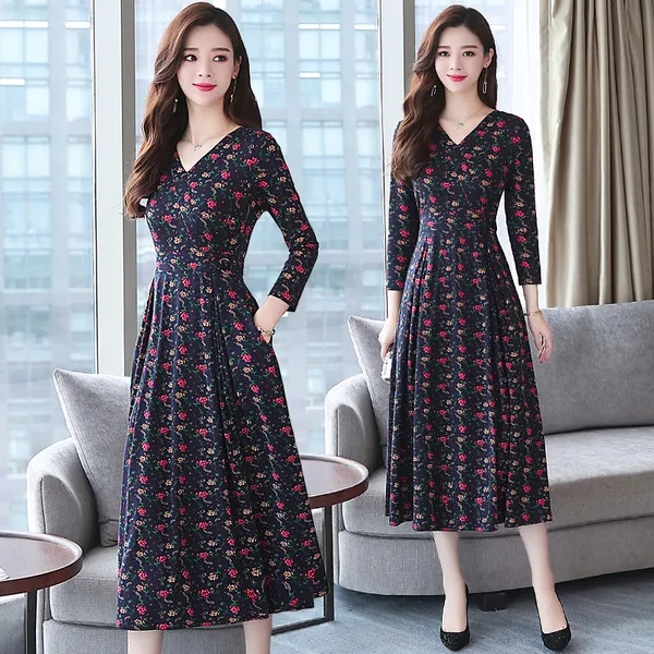 스마트셀러 놀멍직구 V넥 허리 슬리밍 복고풍 플라워 원피스