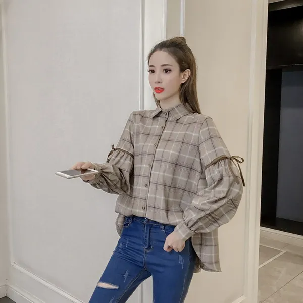 도깨비몰 여자 캐주얼 체크무늬 언발 리본 오버핏 카라 셔츠 격저무늬 남방 585299934456