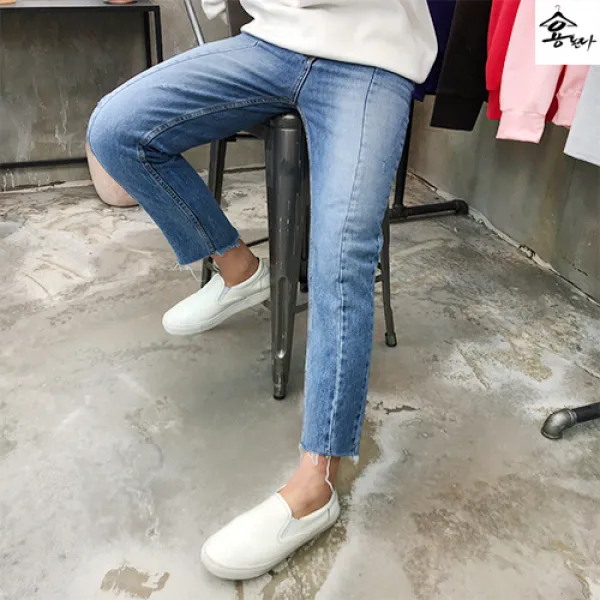 용된다 유니크 봄 밑단 컷팅 남자 청바지 일프로 388