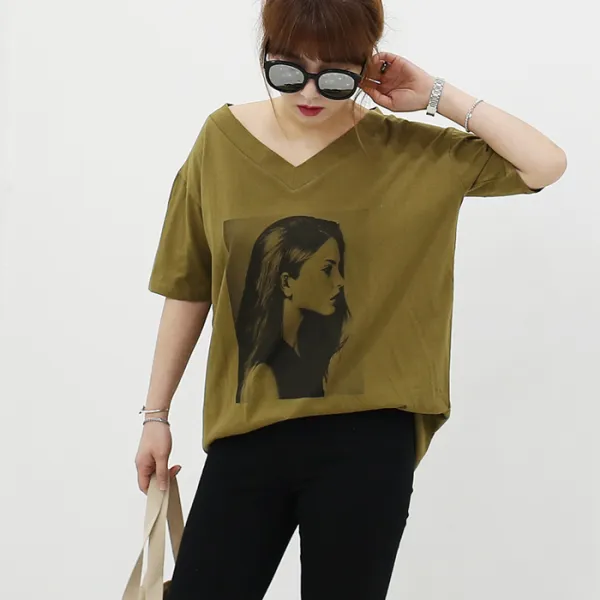 민짱나라 F232_442. 옆모습 브이넥 반팔 롱티셔츠