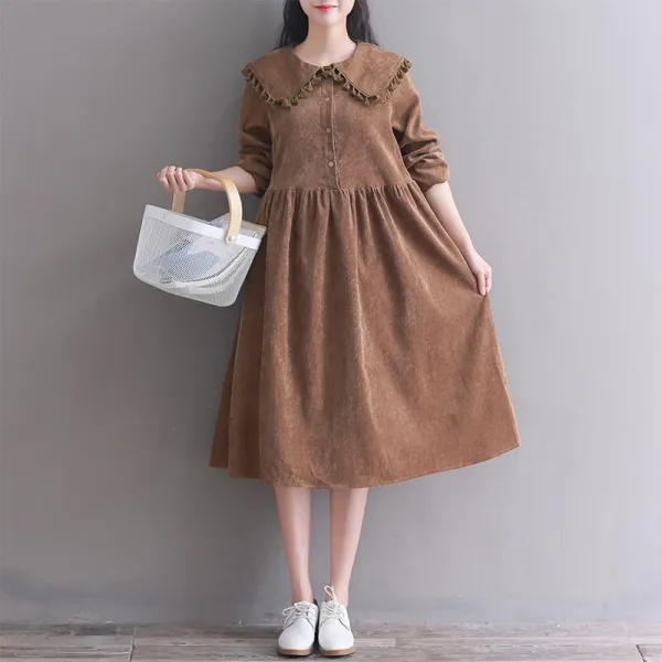 Qterra 특허브랜드 P190320403 원피스 골덴 미디 허리 묶음 셔츠원피스