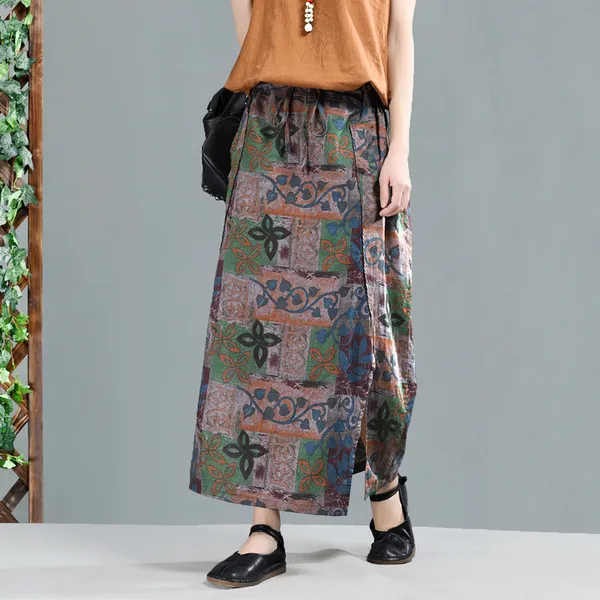 스마트셀러 크래플 봄 새로운 복고풍 인쇄 라미 스커트 긴 치마