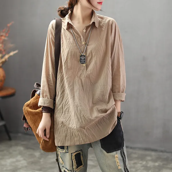 스마트셀러 놀멍직구 긴팔 풀오버 여성 봄가을 느슨한 복고풍 셔츠