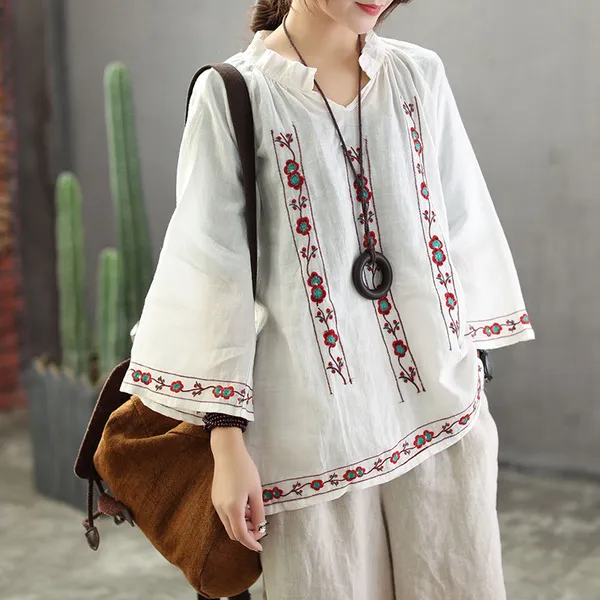 스마트셀러 아쎄 9부 소매 린넨 느슨한 복고풍 짧은 티셔츠