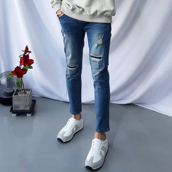 피노치 남자 스판 밴딩 빅사이즈 덧댐 9부 청바지