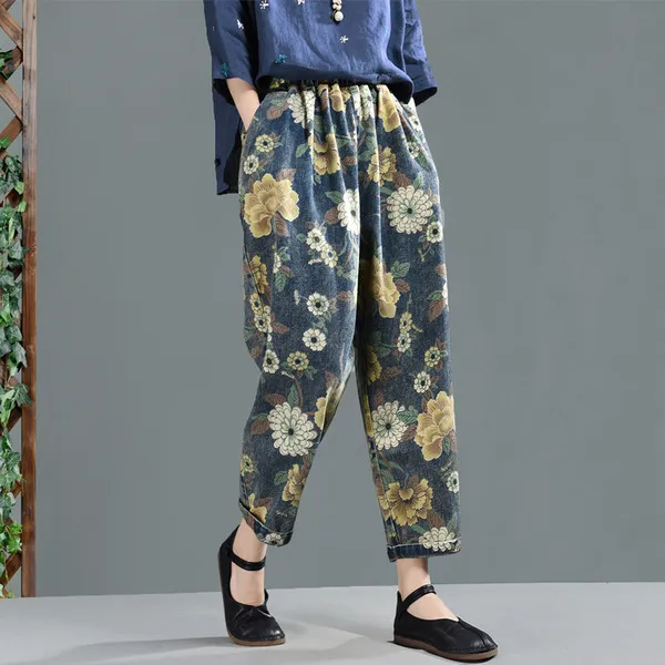스마트셀러 해외직구 9부 복고풍 와일드 캐주얼 꽃무늬 느슨한 바지