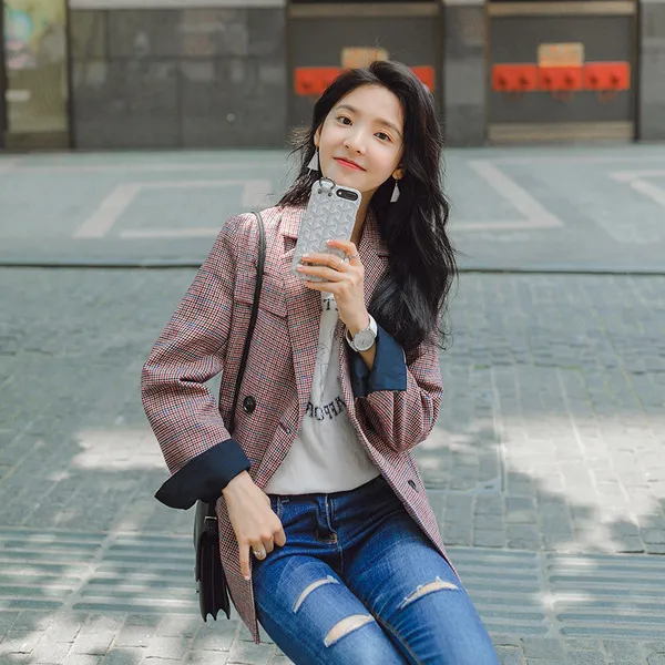 원픽 2019년 봄신상 복고풍 캐주얼 체크 세련된 정장 자켓